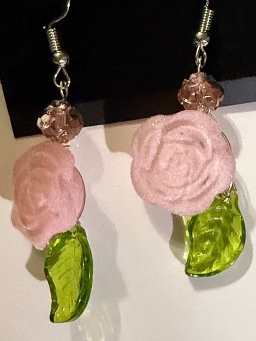 Pink Rose Drop Earrings with Green Leaf Accent
